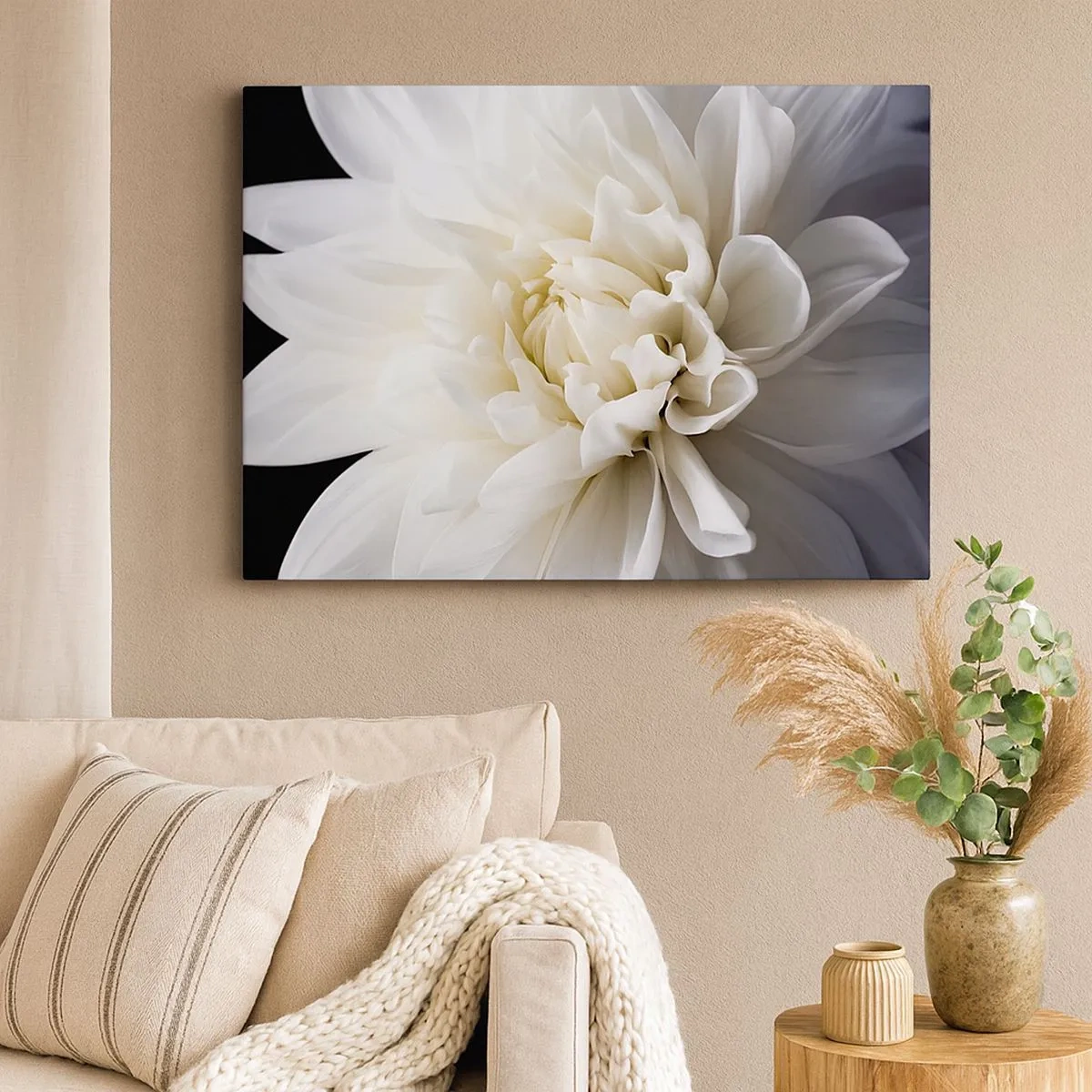 Lærredstryk - Billede på lærred - En delikat hvid blomst på en sort baggrund i en elegant komposition - 70x50cm - Morgenbrud - Moderne vægdekoration til stue og soveværelse ARTTOR