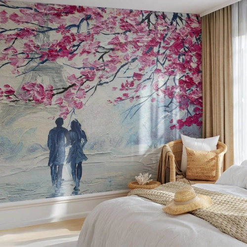 Fototapet på mål Premium Canvas - Romantisk gåtur - Paris, Eiffeltårnet, Forelsket par