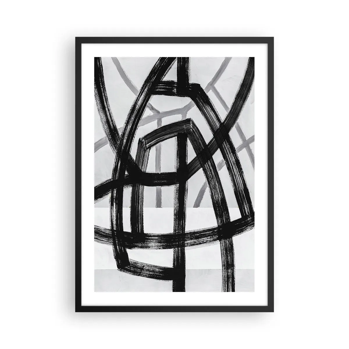 Plakat i sort ramme - Geometriske sorte linjer på en lys baggrund i en abstrakt komposition - 50x70cm - Opbygning af dybde - Moderne vægdekoration til stue og soveværelse ARTTOR