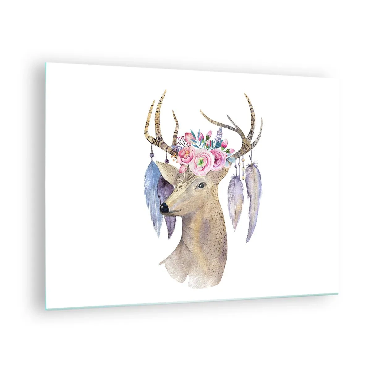 Billede på glas - Hjort med blomsterkrans og fjer - 70x50cm - Sjælsguide - blid, uskyldig - Moderne vægdekoration til stue og soveværelse ARTTOR