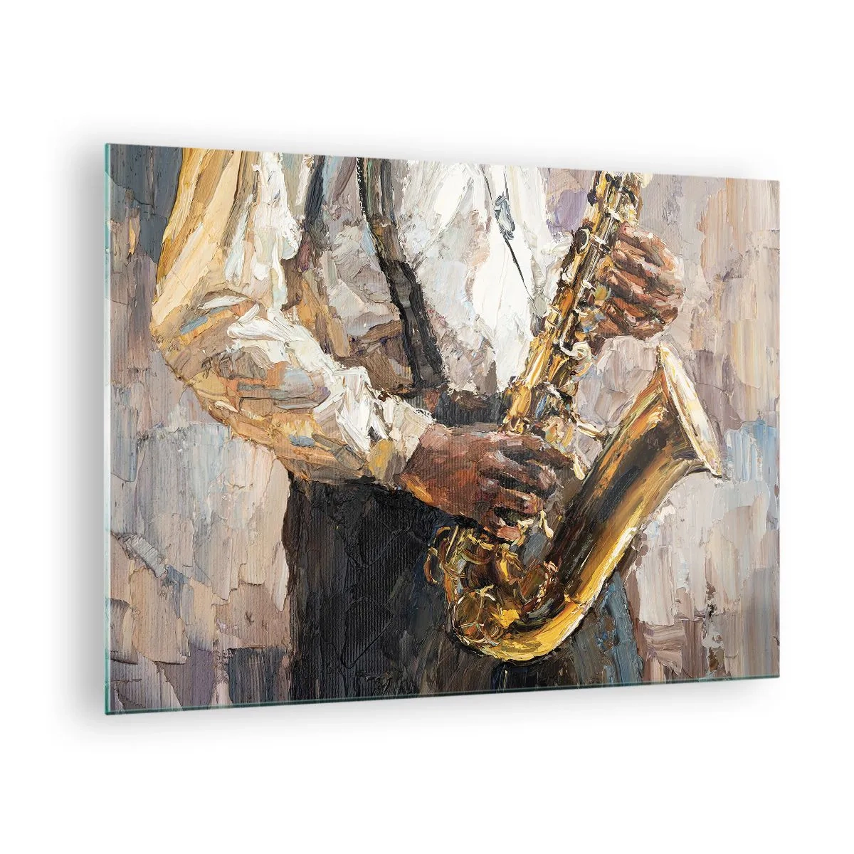 Billede på glas - En musiker, der spiller saxofon, malet med impasto-teknikken - 70x50cm - Tid til at gå solo - Moderne vægdekoration til stue og soveværelse ARTTOR