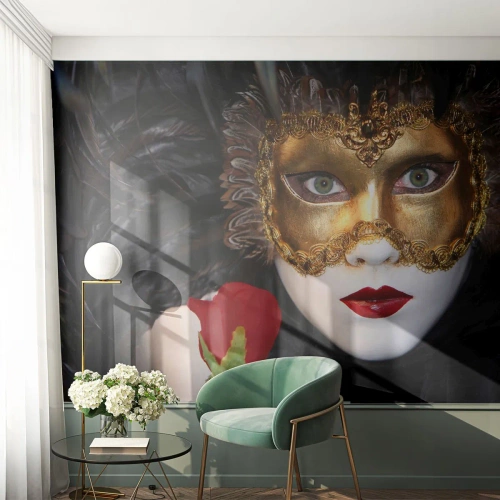 Fototapet Selvklæbende Deluxe Sticker - Fordi livet er et stort bal - Hætte, Rose, røde læber - 350x256 cm