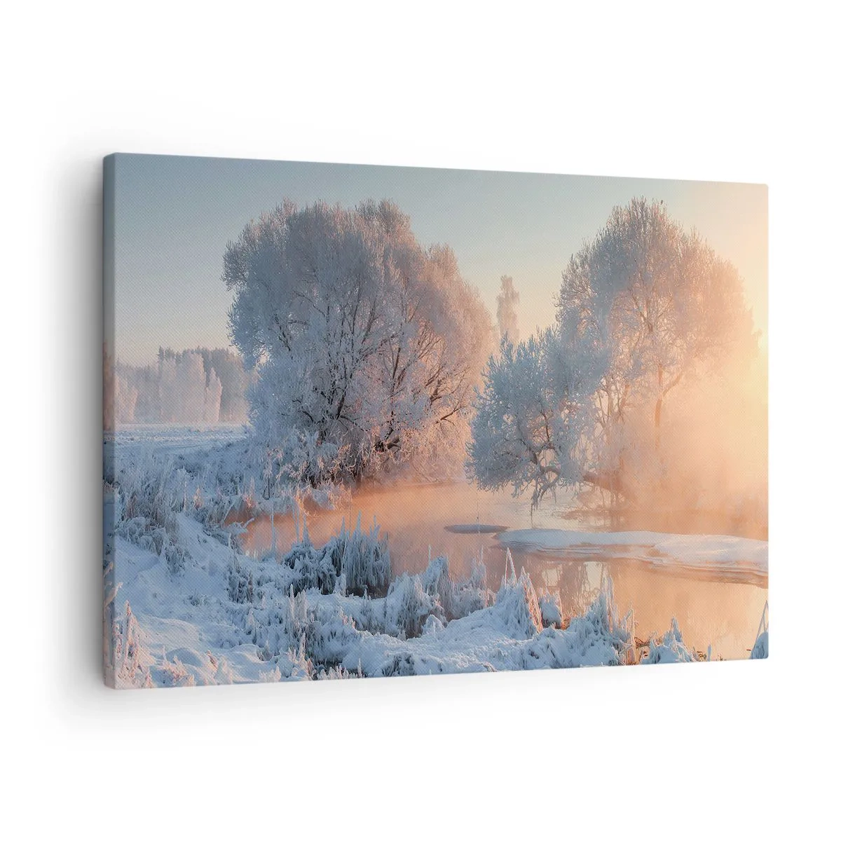Lærredstryk - Billede på lærred - Vinterlandskab med snedækkede træer og en solnedgang - 70x50cm - Alt lyser i solskinnende krystal - Moderne vægdekoration til stue og soveværelse ARTTOR
