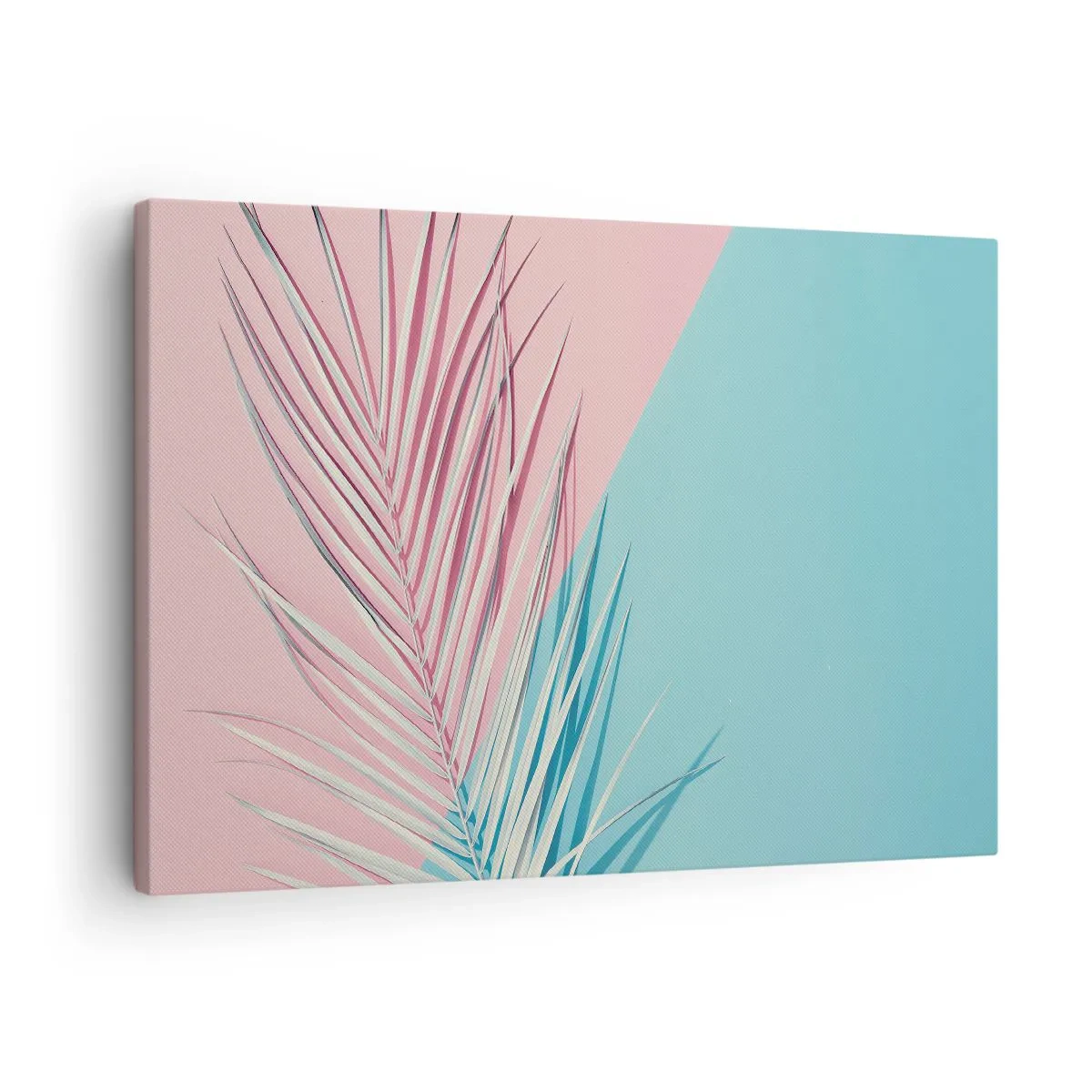 Lærredstryk - Billede på lærred - Tropisk blad mod en baggrund af pastelfarver af lyserød og blå - 70x50cm - Tropisk indtryk - Moderne vægdekoration til stue og soveværelse ARTTOR
