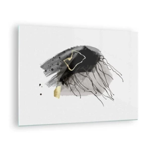 Billede på glas - Abstrakt komposition af sort og guld på en hvid baggrund - 70x50cm - I sort og guld - Moderne vægdekoration til stue og soveværelse ARTTOR