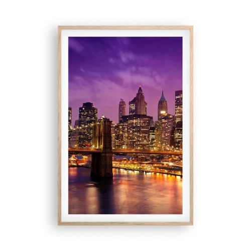 Plakat i ramme af lyst egetræ - Lilla og gylden Manhattan - 61x91 cm