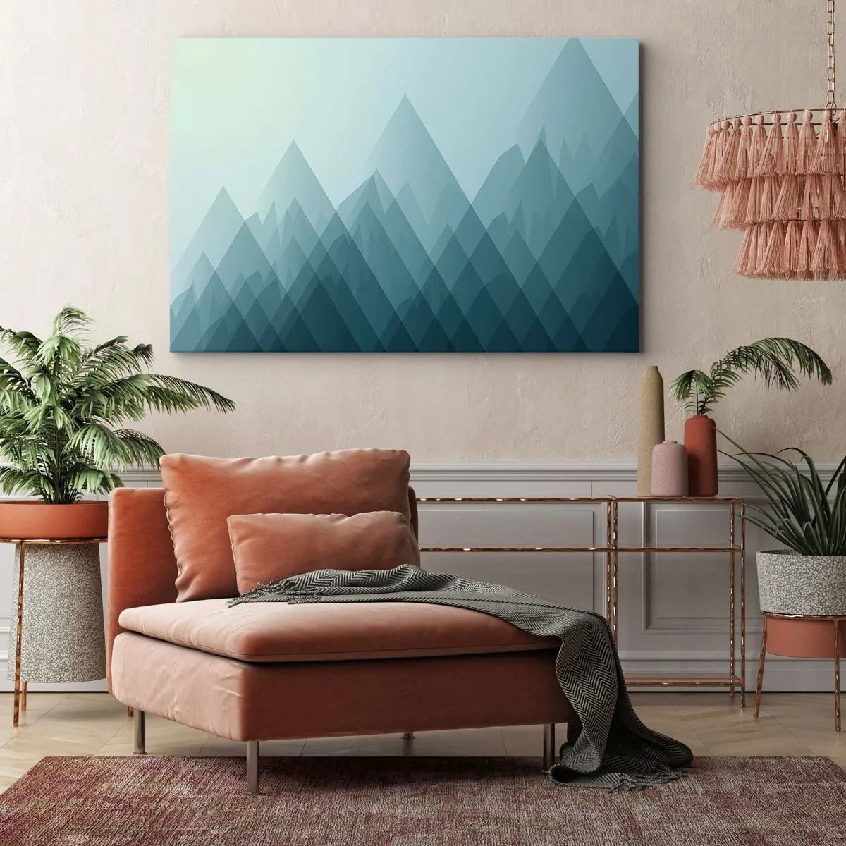 Lærredstryk - Billede på lærred - Minimalistisk bjerggrafik i blå nuancer - 70x50cm - Stor, større, størst - Moderne vægdekoration til stue og soveværelse ARTTOR