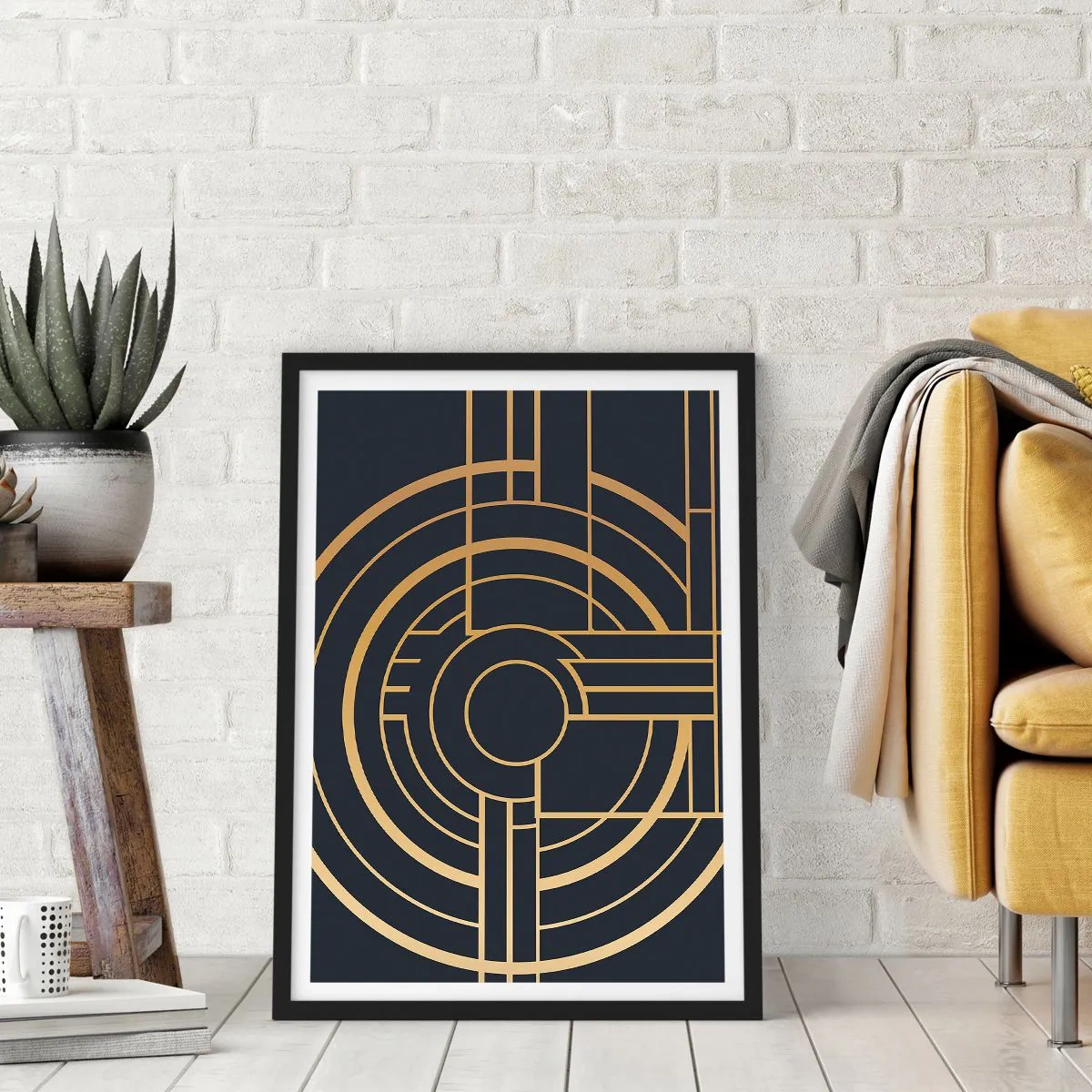 Plakat i sort ramme - Geometrisk Art Deco-mønster med guldelementer på en mørk baggrund - 50x70cm - At vende tingene på hovedet - Moderne vægdekoration til stue og soveværelse ARTTOR