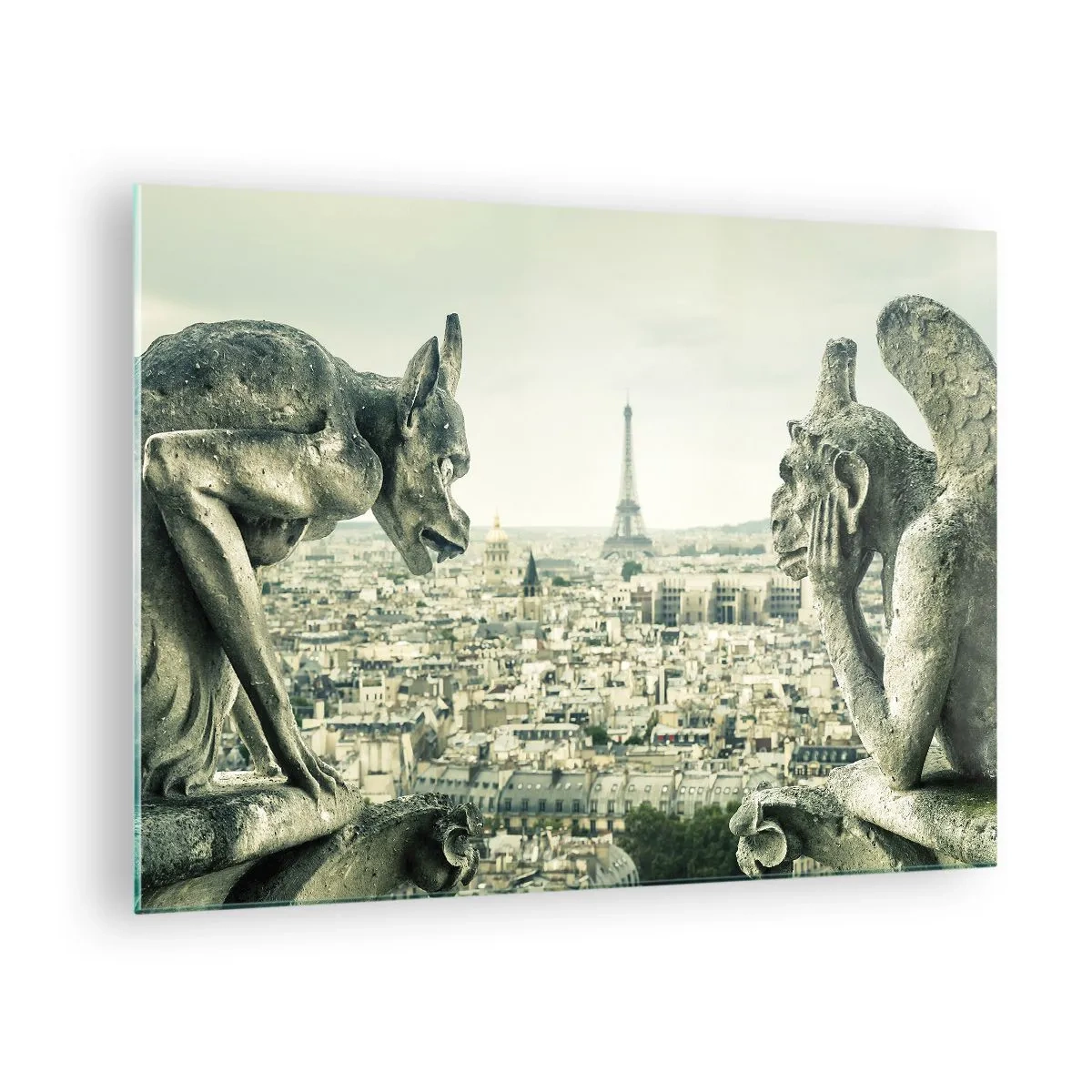 Billede på glas - Gargoyler over Paris med udsigt til Eiffeltårnet - 70x50cm - Parisisk chat - Moderne vægdekoration til stue og soveværelse ARTTOR