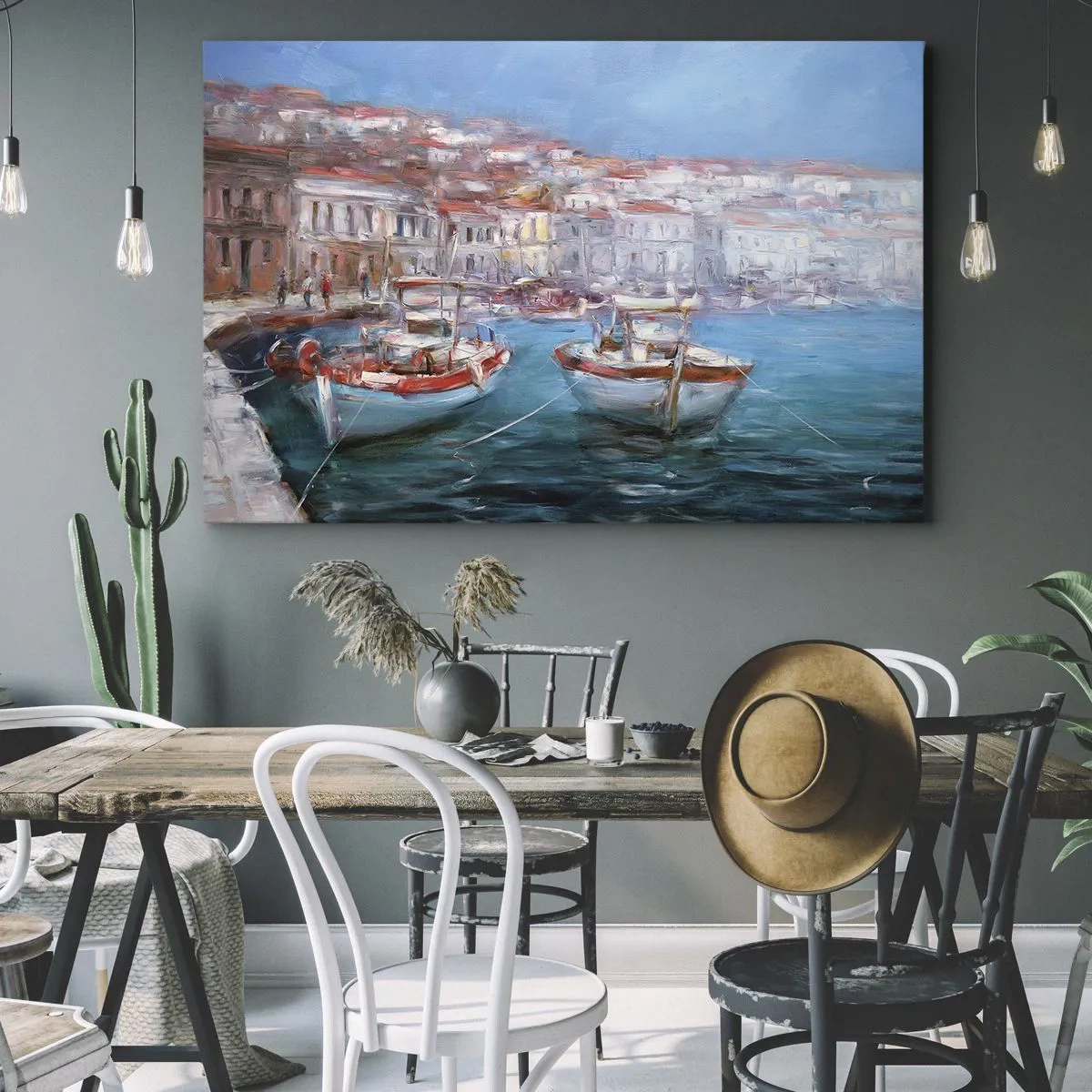 Lærredstryk - Billede på lærred - Både i en malerisk italiensk bugt - 70x50cm - Italiensk bugt - Moderne vægdekoration til stue og soveværelse ARTTOR
