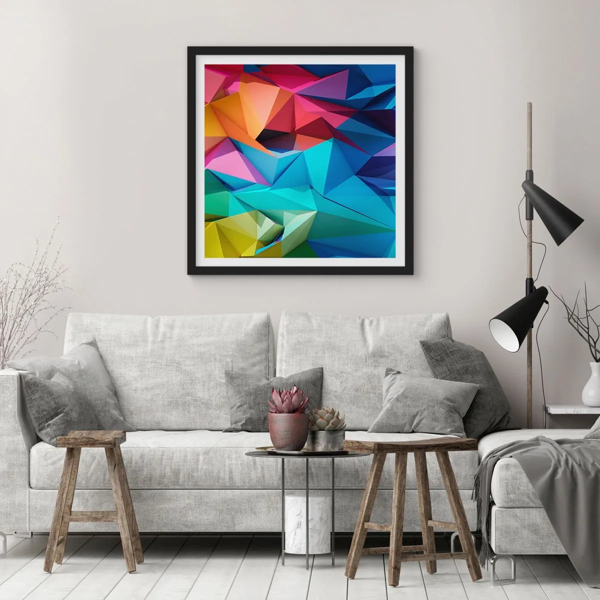 Plakat i sort ramme - Regnbue origami - 30x30 cm