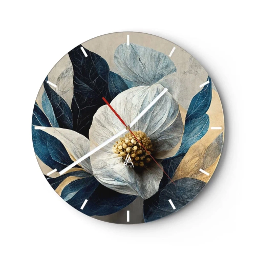 Vægur, Uret - Et hvidt blomsterarrangement med marineblå blade og en gylden midte - 30x30cm - Har et hjerte af guld - Moderne vægdekoration til stue, køkken og soveværelse ARTTOR