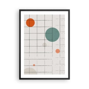 Plakat i sort ramme - Abstrakt komposition af et gitter og farvede cirkler - 50x70cm - Fanget i en fælde. Os eller dem? - Moderne vægdekoration til stue og soveværelse ARTTOR