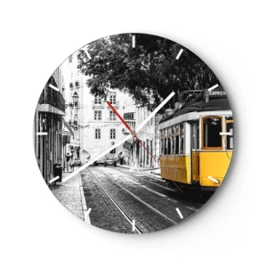 Vægur, Uret - En gul sporvogn på en sort og hvid gade i et historisk distrikt - 30x30cm - Og en fado i baggrunden - Moderne vægdekoration til stue, køkken og soveværelse ARTTOR