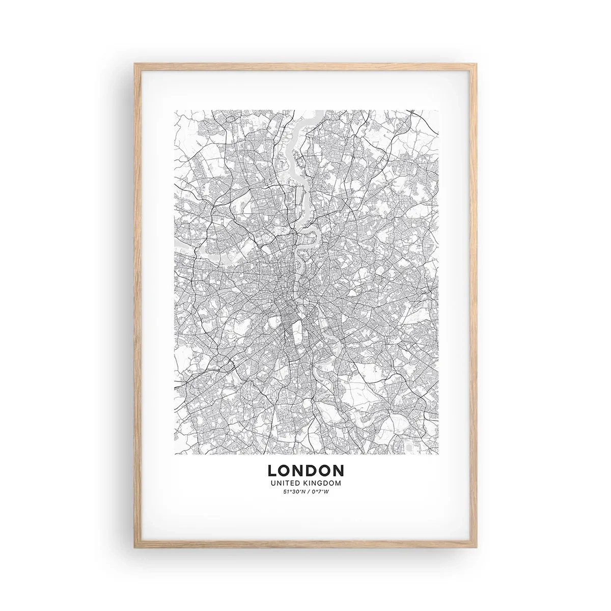 Plakat i ramme af lyst egetræ - Kort over Londons labyrint - 70x100 cm