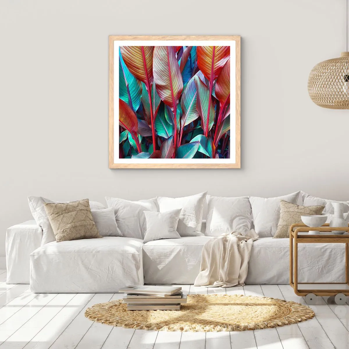 Plakat i ramme af lyst egetræ - Farverigt krat - 50x50 cm