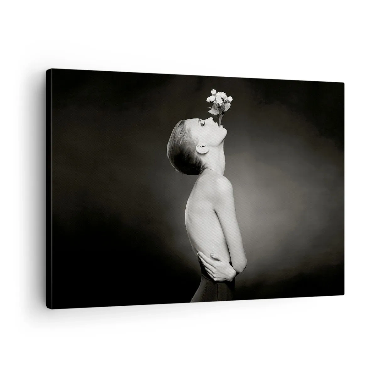 Lærredstryk - Billede på lærred - Sort og hvid silhuet af en kvinde med en blomst - 70x50cm - Excentrisk elegance - Moderne vægdekoration til stue og soveværelse ARTTOR