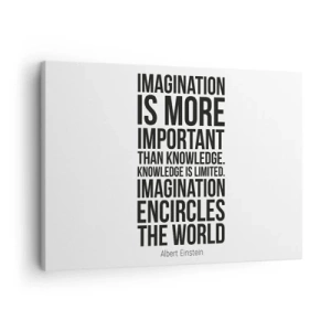 Lærredstryk - Billede på lærred - Inspirerende citat på hvid baggrund i sort skrifttype - 70x50cm - Einstein om fantasiens kraft - Moderne vægdekoration til stue og soveværelse ARTTOR