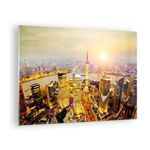 Billede på glas - Panorama over byen ved solnedgang med skyskrabere - 70x50cm - Den asiatiske drøm - Moderne vægdekoration til stue og soveværelse ARTTOR
