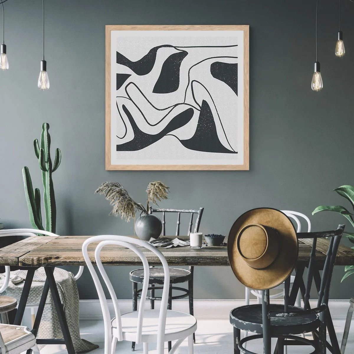 Plakat i ramme af lyst egetræ - Abstrakt leg i en labyrint - 30x30 cm