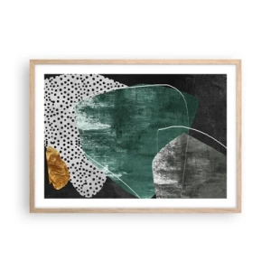 Plakat i ramme af lyst egetræ - Farverig abstraktion med en guldflager - 70x50 cm