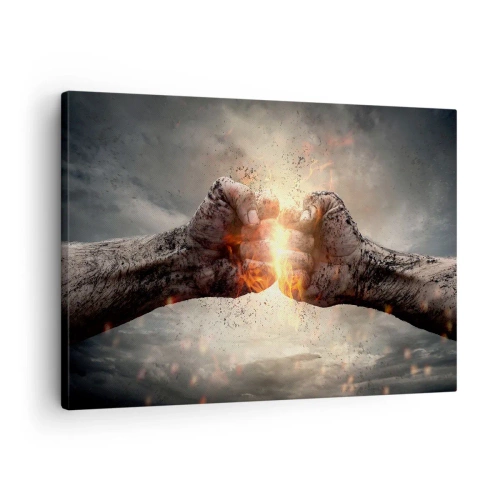 Lærredstryk - Billede på lærred - Knugte næver i en dynamisk brandscene - 70x50cm - Stå op til kamp - Moderne vægdekoration til stue og soveværelse ARTTOR