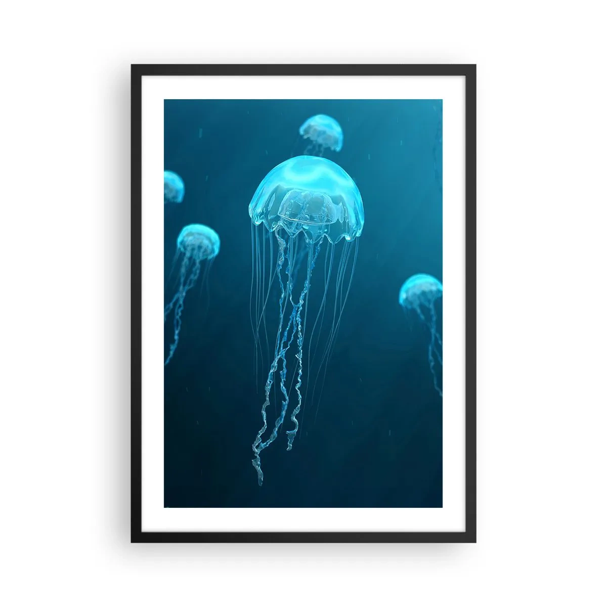 Plakat i sort ramme - Vandmænd flyder i det blå havvand - 50x70cm - Havets dans - Moderne vægdekoration til stue og soveværelse ARTTOR