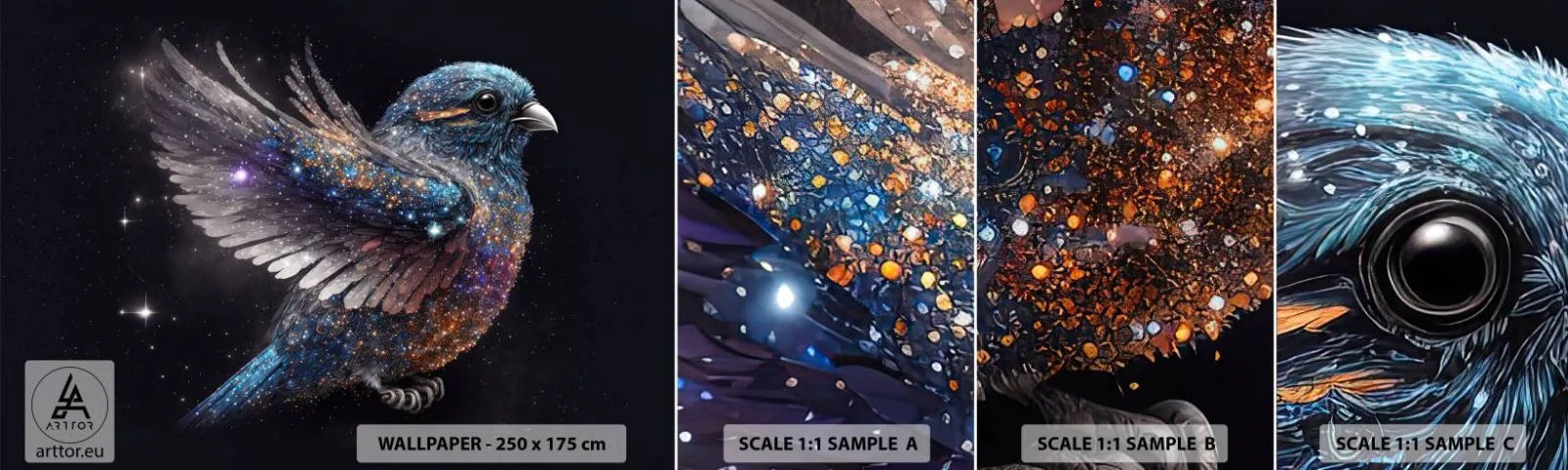 Prøve Fototapet Selvklæbende Deluxe Sticker - Diamantspurv - Fugl, Magi, Kosmos - 100x30 cm