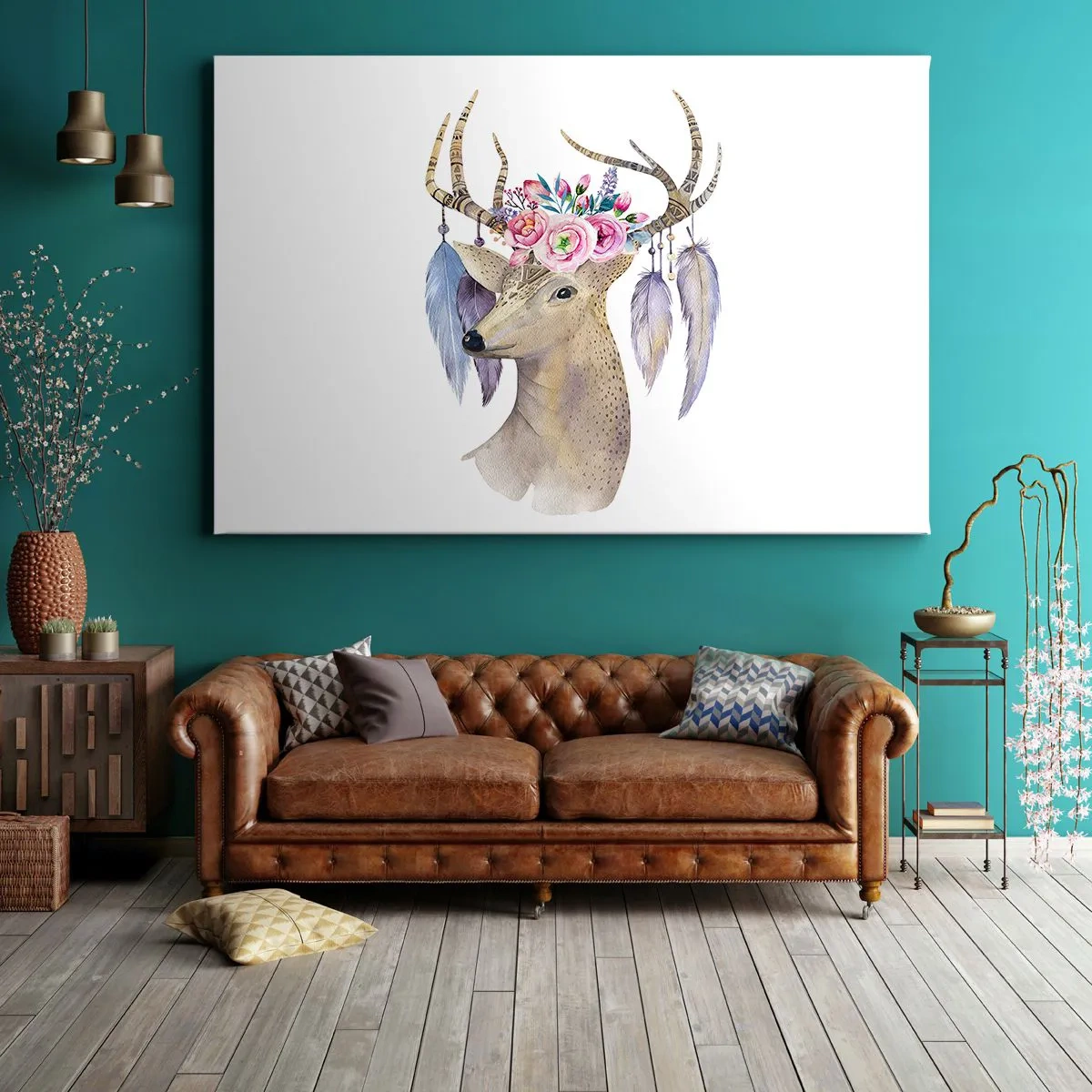 Lærredstryk - Billede på lærred - Romantisk hjortegrafik med blomster og fjer - 70x50cm - Sjælsguide - blid, uskyldig - Moderne vægdekoration til stue og soveværelse ARTTOR