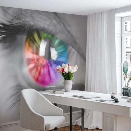Fototapet Selvklæbende Deluxe Sticker - Se verden i farver - Abstraktion, Farverigt øje, 3D - 100x70 cm