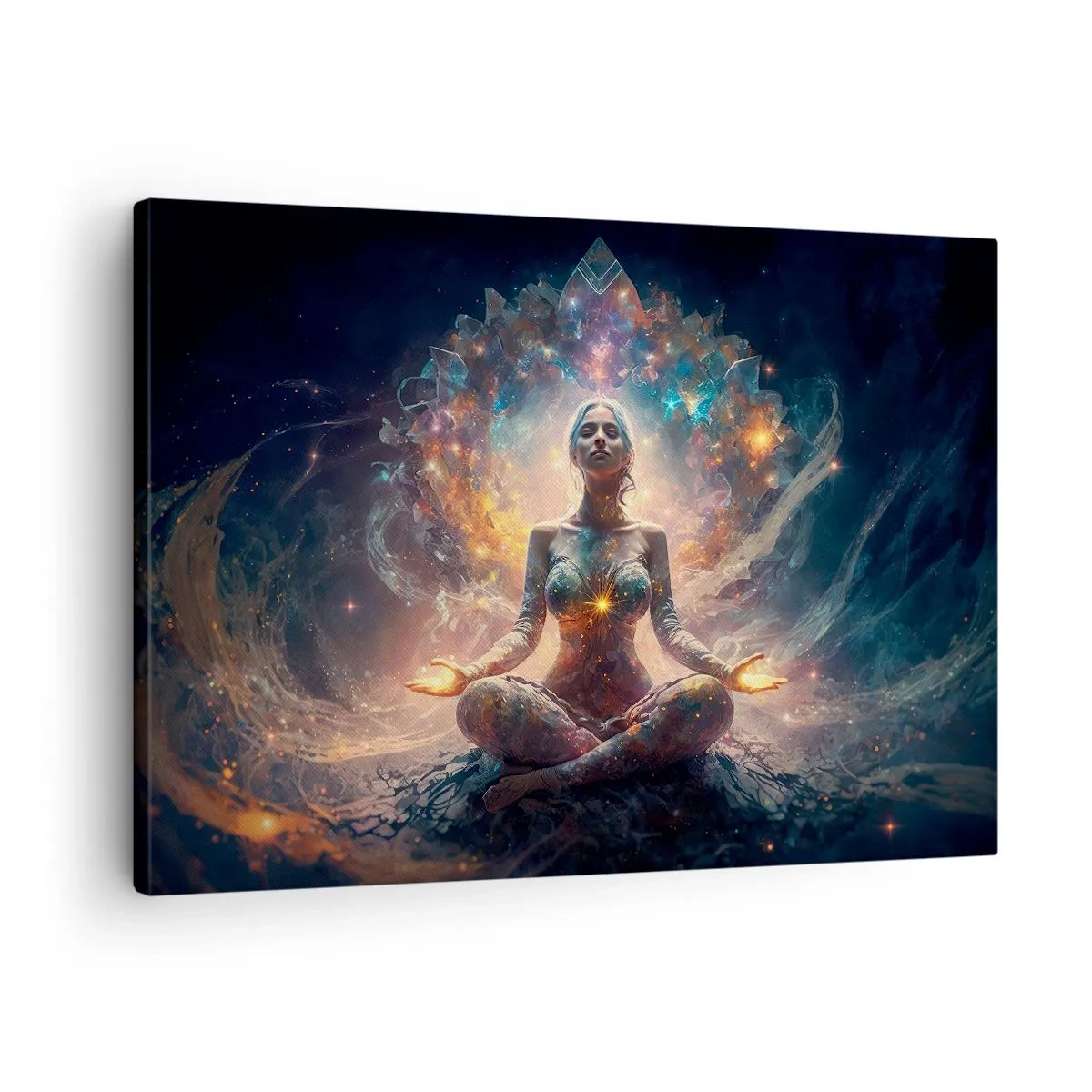 Lærredstryk - Billede på lærred - En mediterende figur omgivet af energiske mønstre og farver. - 70x50cm - Flow af god energi - Moderne vægdekoration til stue og soveværelse ARTTOR