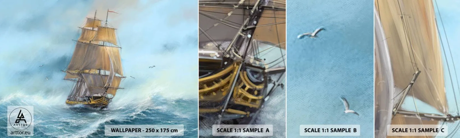 Prøve Fototapet Selvklæbende Deluxe Sticker - Bølgende gennem bølgerne - Hav, Skib, Nautisk - 100x30 cm