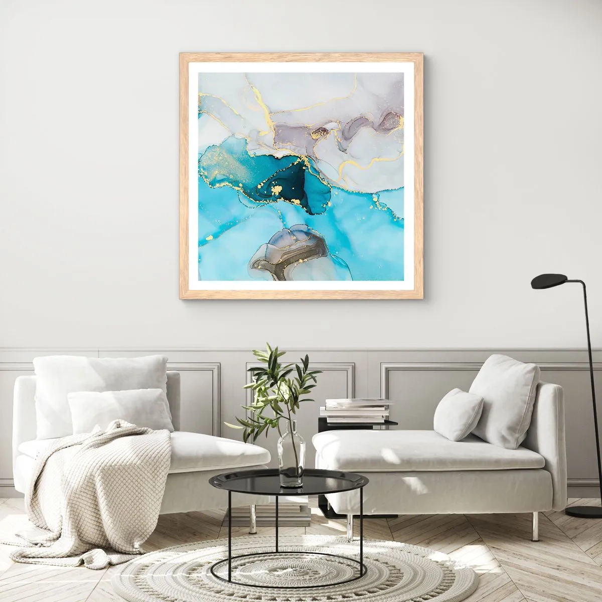Plakat i ramme af lyst egetræ - En undersøgelse af mødet mellem grå og turkis - 30x30 cm