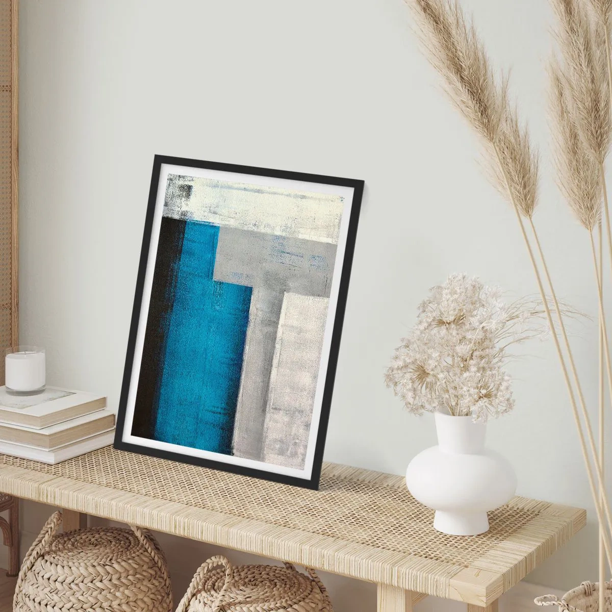 Plakat i sort ramme - Poetisk komposition af grå og blå - 30x40 cm