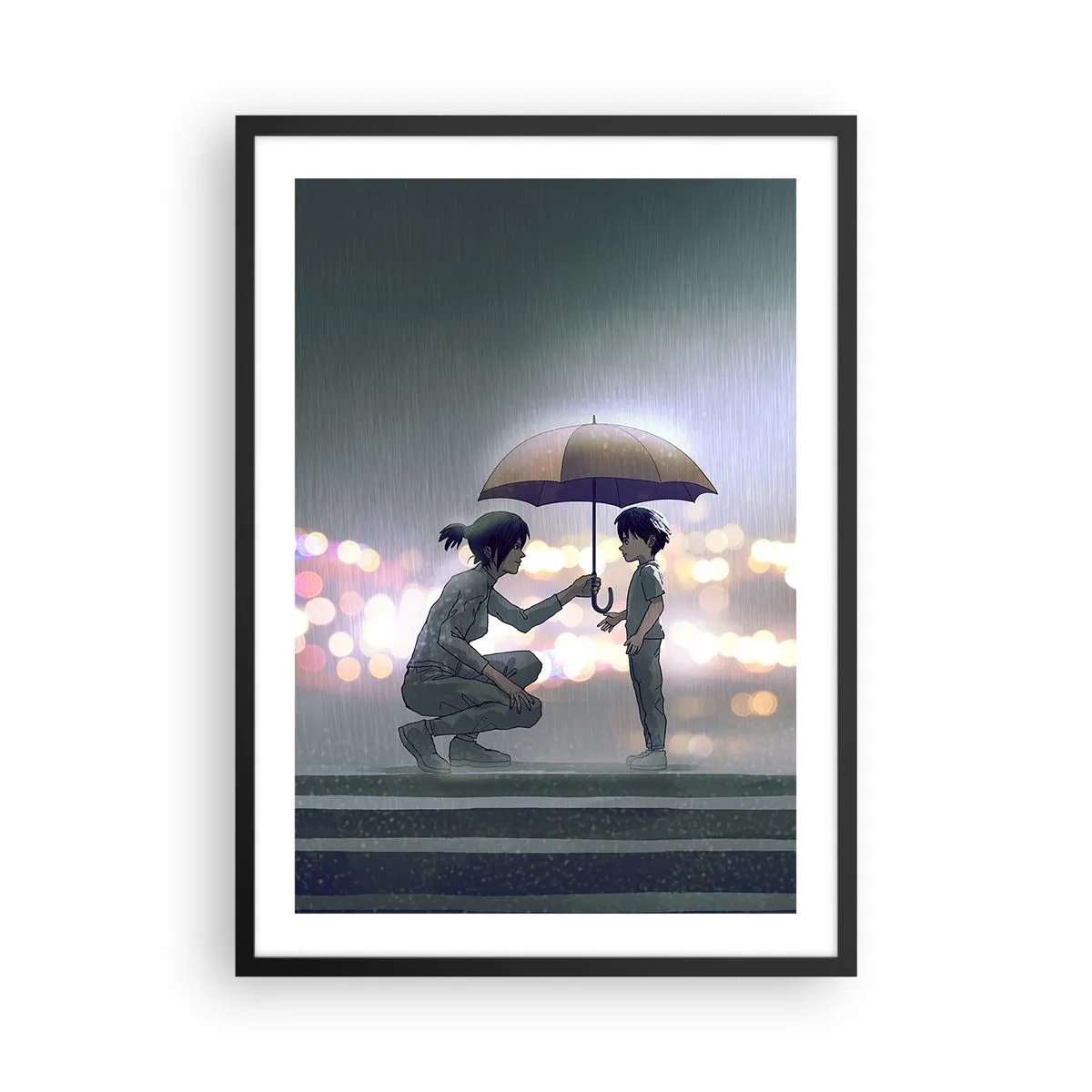 Plakat i sort ramme - En voksen giver en paraply til et barn mod en regnfuld baggrund - 50x70cm - Og alt er godt nu - Moderne vægdekoration til stue og soveværelse ARTTOR