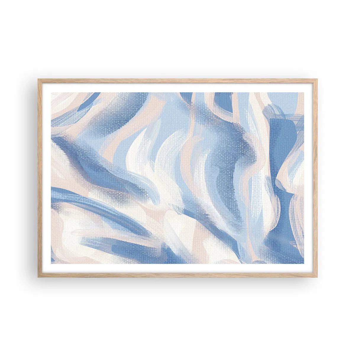 Plakat i ramme af lyst egetræ - Blå krusninger - 100x70 cm