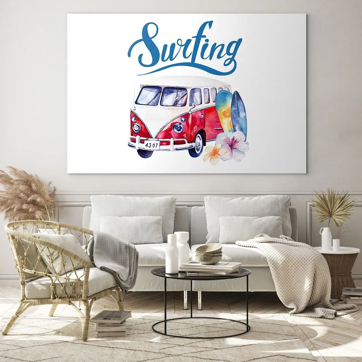 Billede på glas - Surfingtema med varevogn og brætter - 70x50cm - Agurk - en klassiker for surferen - Moderne vægdekoration til stue og soveværelse ARTTOR