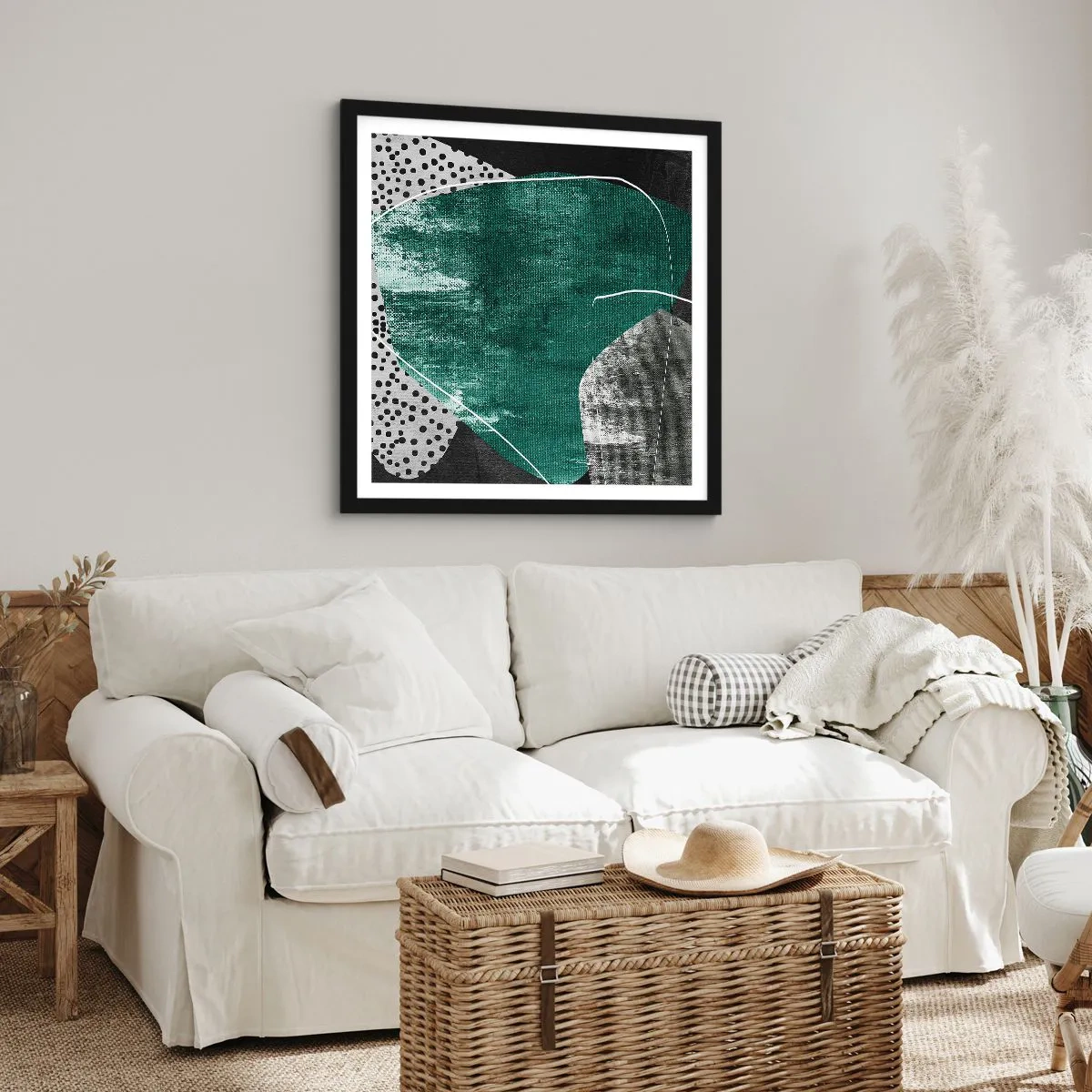 Plakat i sort ramme - Farverig abstraktion med en guldflager - 40x40 cm