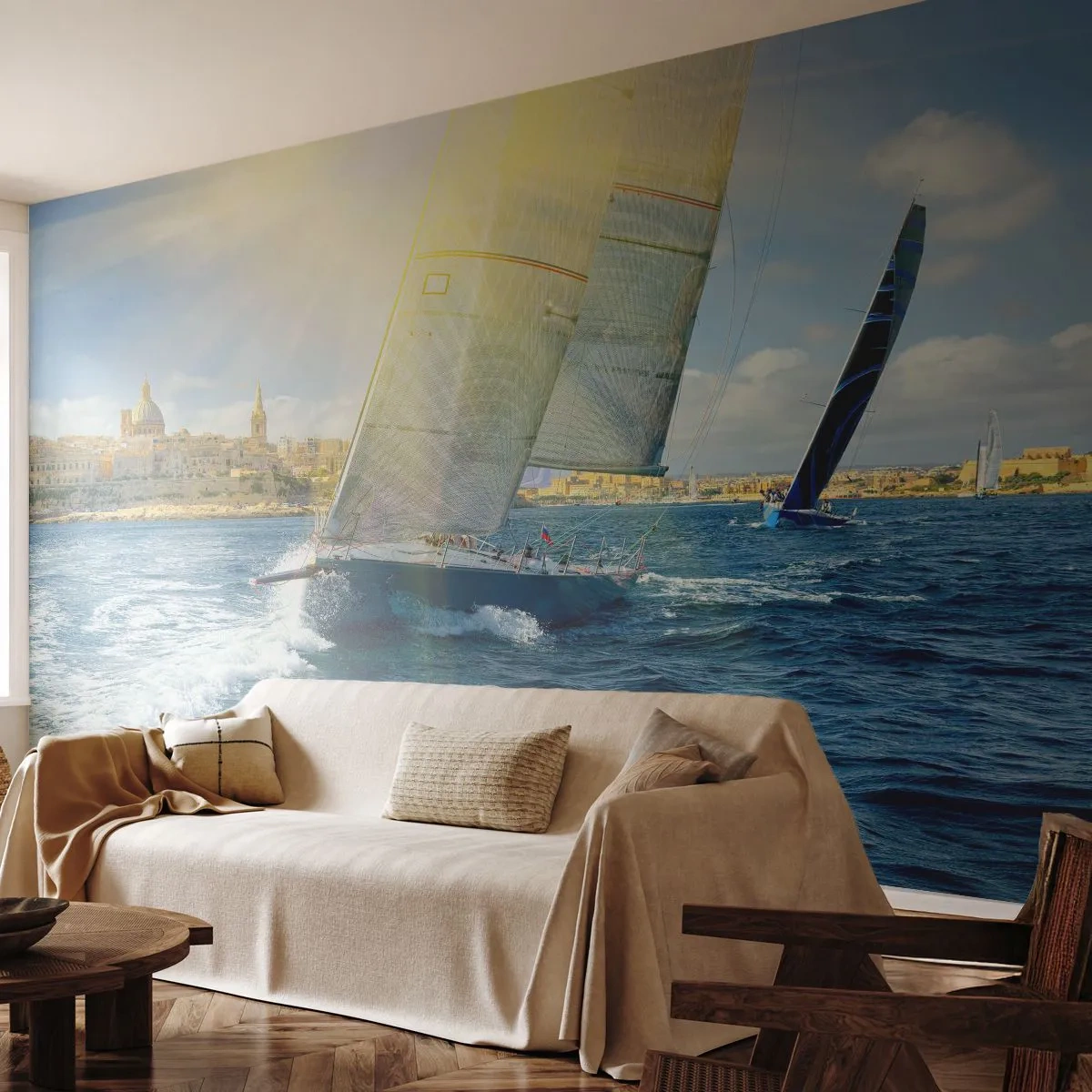 Fototapet Premium Sand - Tid til at forlade byen - By, Hav, Yacht - 450x315 cm