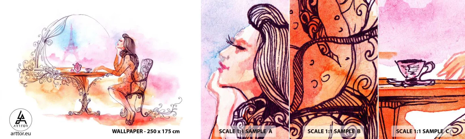 Prøve Fototapet Selvklæbende Deluxe Sticker - Parisisk elegance - Paris, Kvinde, Eiffeltårnet - 100x30 cm