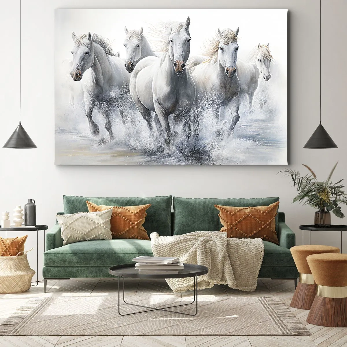 Lærredstryk - Billede på lærred - Hvide heste galoperer gennem vandet - 70x50cm - Hvid magi - Moderne vægdekoration til stue og soveværelse ARTTOR