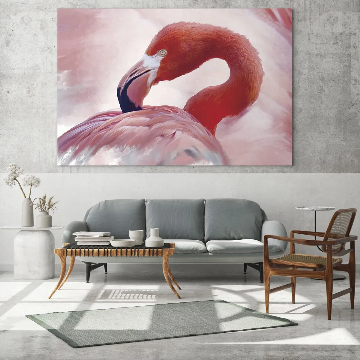 Billede på glas - En lyserød flamingo vender sig yndefuldt til siden - 70x50cm - Fugleskønhed - Moderne vægdekoration til stue og soveværelse ARTTOR