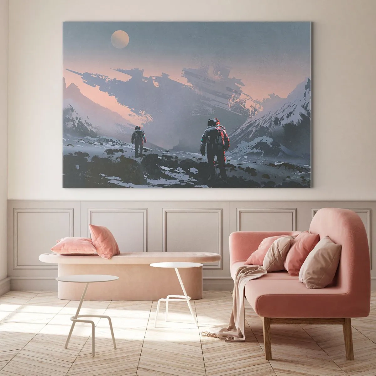 Billede på glas - Astronauter på en fremmed planet med et skibsvrag i baggrunden - 70x50cm - Under en ukendt stjerne - Moderne vægdekoration til stue og soveværelse ARTTOR