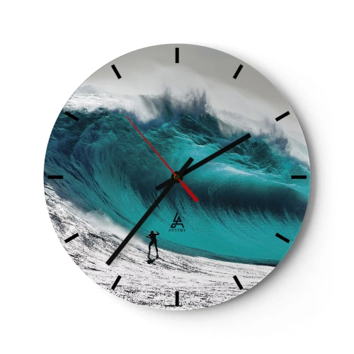 Vægur, Uret - En surfer foran en kæmpe turkis bølge - 30x30cm - Udfordring accepteret - Moderne vægdekoration til stue, køkken og soveværelse ARTTOR