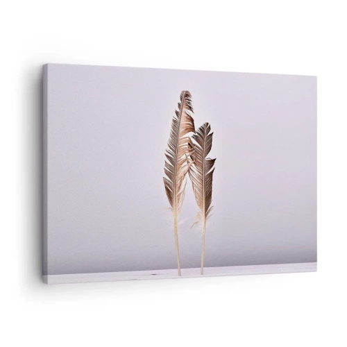 Lærredstryk - Billede på lærred - Fine fjer på en lys baggrund i minimalistisk stil - 70x50cm - Mod intetheden - Moderne vægdekoration til stue og soveværelse ARTTOR