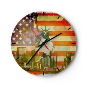 Vægur, Uret - Frihedsgudinden med det amerikanske flag og bybilledet som baggrund - 30x30cm - Viva America! - Moderne vægdekoration til stue, køkken og soveværelse ARTTOR