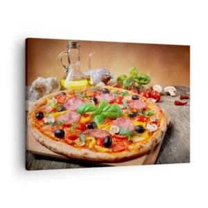 Lærredstryk - Billede på lærred - Lækker pizza på et træbord med toppings - 70x50cm - Med en ægte italiensk smag - Moderne vægdekoration til stue og soveværelse ARTTOR