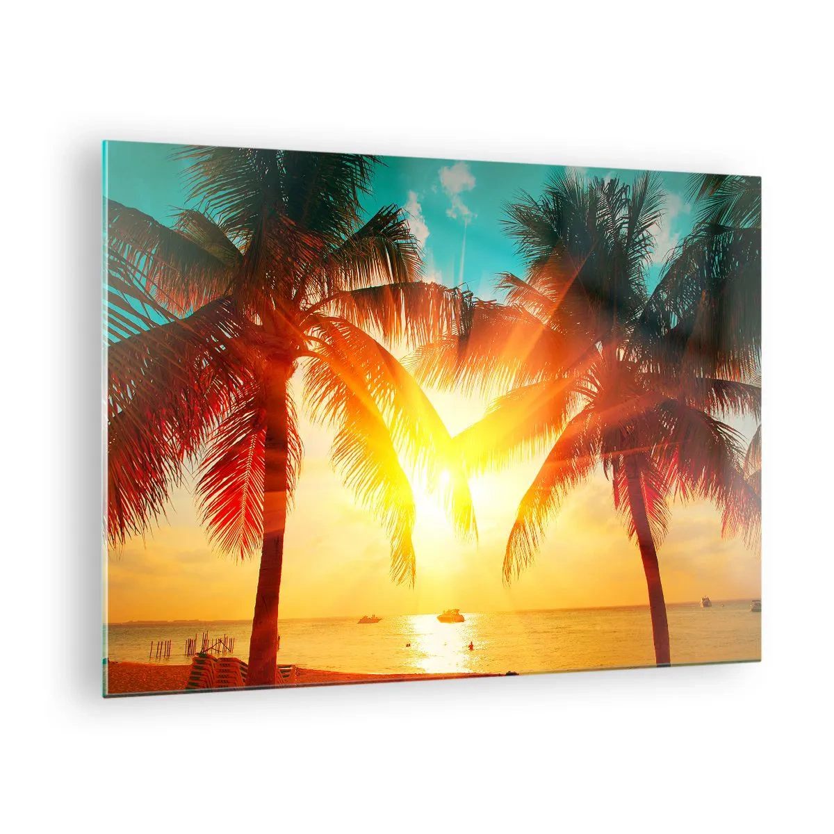Billede på glas - Solbeskinnede palmer over en tropisk strand - 70x50cm - Eksotisk par - Moderne vægdekoration til stue og soveværelse ARTTOR