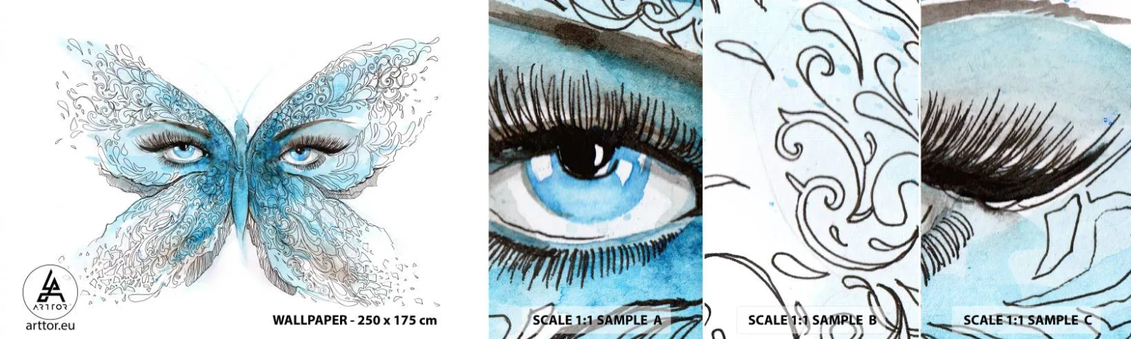 Prøve Fototapet Selvklæbende Deluxe Sticker - Eros bedemantis - Abstraktion, Sommerfugl, Kvindelige øjne - 100x30 cm