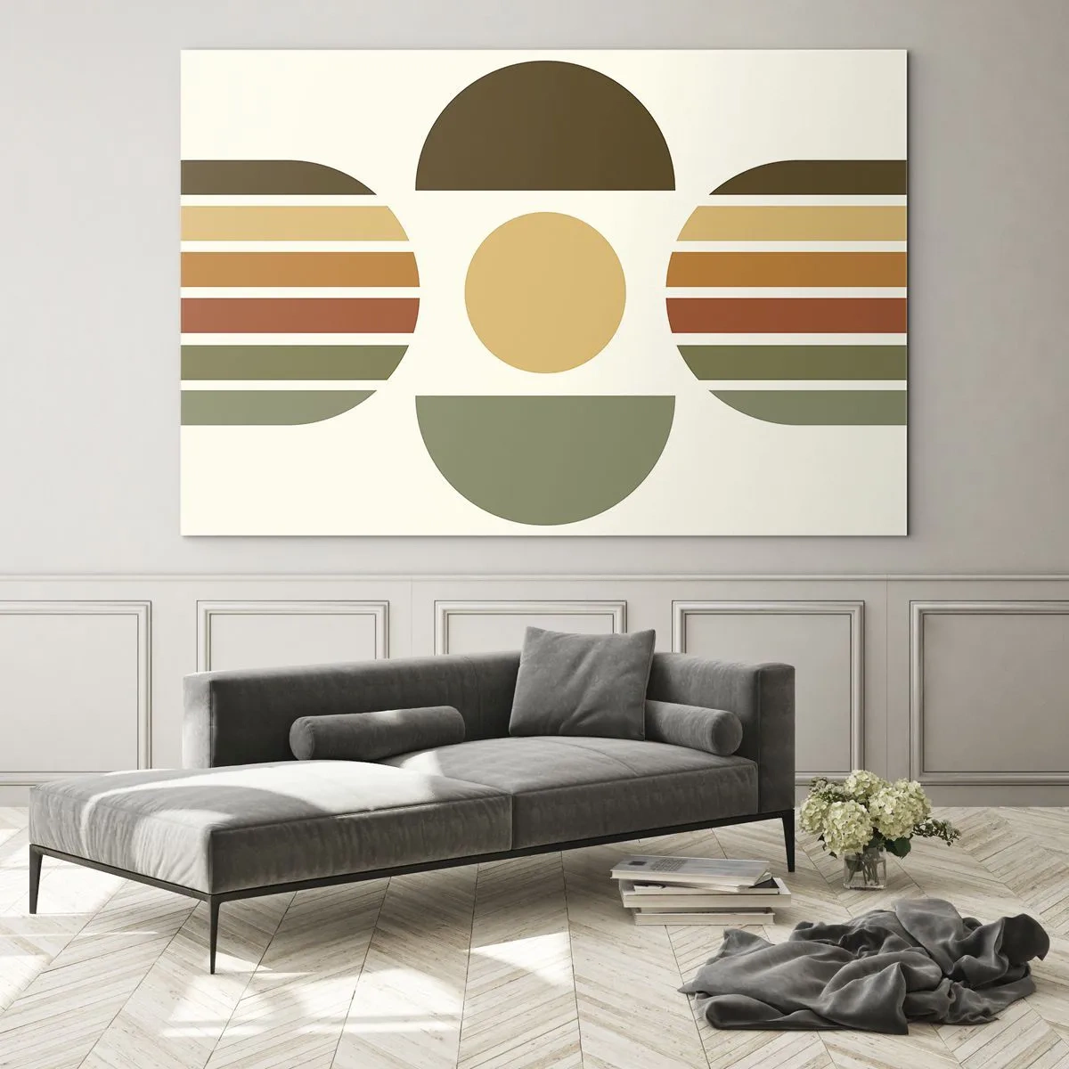 Billede på glas - Abstrakt geometrisk design med jordfarver og dristige former - 70x50cm - I jordfarver - Moderne vægdekoration til stue og soveværelse ARTTOR